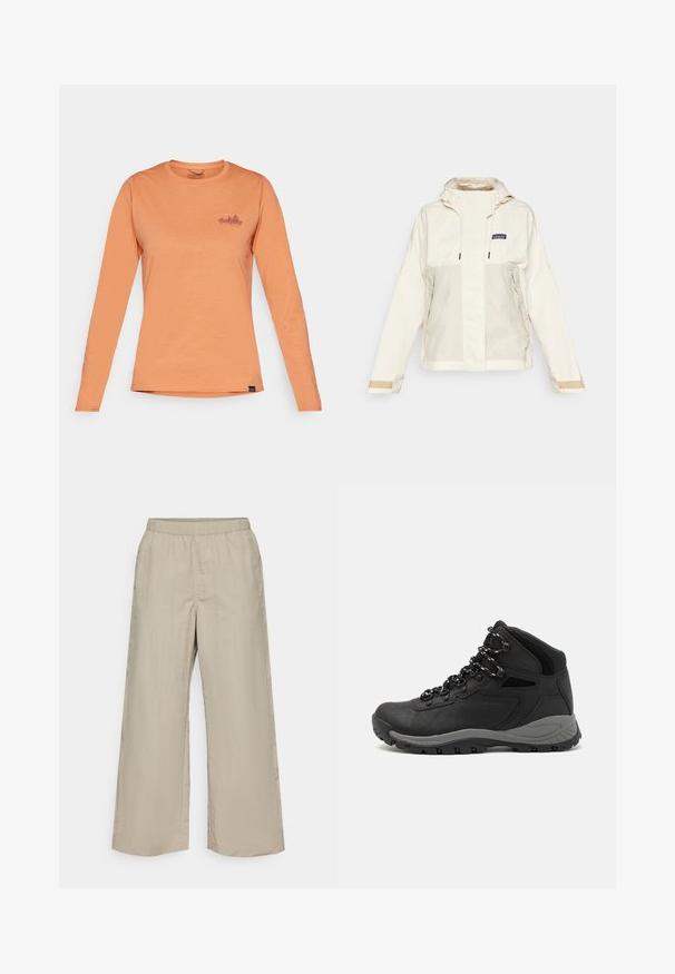 Világos bézs színű kapucnis dzseki elöl cipzárral, két oldalsó zsebbel és kontrasztos anyagú díszítéssel a mandzsettákon. Simaság és enyhén texturált felület.; Patagonia DAILY GRAPHIC - Hosszú ujjú felső - rock melon; Széles lábú nadrág világos bézs színű anyagból, elasztikus derékpánttal, sima textúrával és látható hardver vagy minták nélkül.; Fekete túracipő közepes magasságú kialakítással, texturált felsőrésszel, szürke részletekkel és strapabíró gumitalppal, amelynek tapadós kiemelkedései vannak.