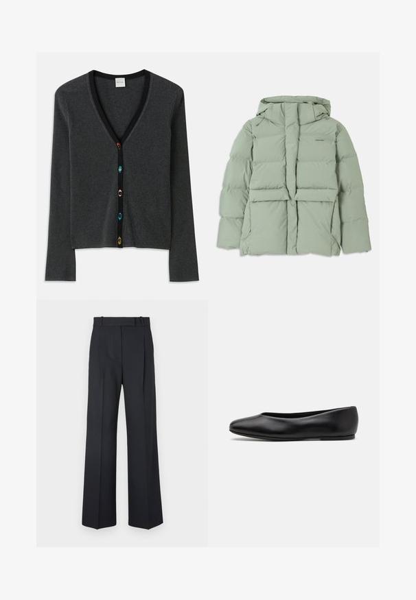Světle zelená péřová bunda s kapucí, vybavená zipovým uzávěrem, dvěma předními kapsami a prošívaným designem. Hladký, matný povrch.; Šedý žebrovaný kardigan s hlubokým výstřihem do V, dlouhými rukávy a černým lemem. Má barevné knoflíky ve tvaru květin po celé délce předního zapínání.; Černé tričko s krátkým rukávem vyrobené z bavlny, s kulatým výstřihem a malým logem na levé straně hrudi. Hladká textura a uvolněný střih.; Bílá košile s dlouhým rukávem z hladké bavlněné směsi. Obsahuje klasický límec, přední zapínání na knoflíky a zaoblené manžety.; Tmavě modré kalhoty s pruhy, vysokým pasem, širokým nohavicemi a bez viditelného kování nebo ozdob. Hladká textura a přesně padnoucí střih.; Paul Smith TOPANGA - Klasické baleríny - black
