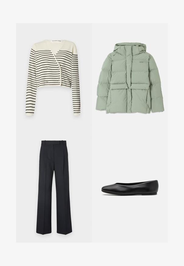 Giacca a vento verde chiaro con cappuccio, dotata di chiusura zip, due tasche frontali e design trapuntato. Finitura liscia e opaca.; Cardigan accorciato in crema, con strisce orizzontali nere. Progettato con scollatura a V, maniche lunghe e chiusura con doppio bottone per un tocco di dettaglio.; T-shirt nera a maniche corte in cotone, con colletto a girocollo e un piccolo logo sul lato sinistro del petto. Tessuto morbido e vestibilità rilassata.; Pantaloni a righe blu scuro con vita alta, design a gamba larga e senza hardware o decorazioni visibili. Tessuto liscio e vestibilità sartoriale.; Paul Smith TOPANGA - Ballerine - black