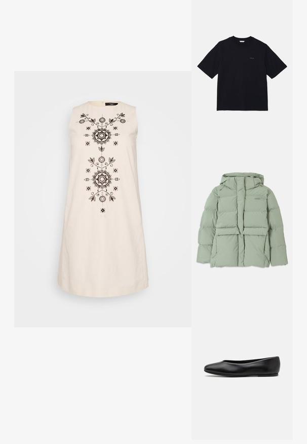 Lichtgroene pufferjas met capuchon, met een ritssluiting, twee voorzakken en een gewatteerd ontwerp. Gladde, matte afwerking.; Mouwloze crèmekleurige jurk met ingewikkelde zwarte borduursels met bloem- en geometrische motieven langs het midden en een ronde halslijn.; Zwarte t-shirt met korte mouwen van katoen, met een ronde halslijn en een klein logo op de linkerborst. Soepele textuur en relaxte pasvorm.; Paul Smith TOPANGA - Ballerina's - black