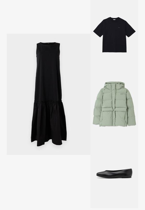 Lyst grøn pufferjakke med hætte, der har lynlås lukning, to forlommer og en quiltet design. Glat, mat overflade.; Sort ærmeløs kjole med en tætsiddende top og en flagrende, draperet bund. Lavet af blødt stof, har en rund halsudskæring og længde til midten af læggen.; Sort kortærmet t-shirt lavet af bomuld, med rund hals og et lille logo på venstre bryst. Glat tekstur og afslappet pasform.; Paul Smith TOPANGA - Ballerinasko - black