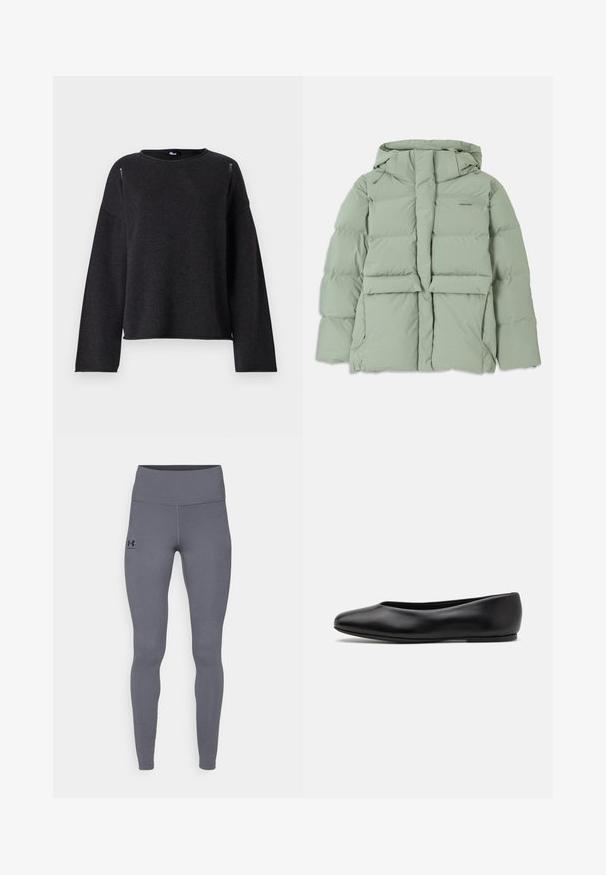 Lichtgroene pufferjas met capuchon, met een ritssluiting, twee voorzakken en een gewatteerd ontwerp. Gladde, matte afwerking.; Zwarte gebreide trui met een ronde hals, lange mouwen en een relaxte pasvorm. Heeft subtiele details bij de schoudernaden en de zoom.; Zwarte t-shirt met korte mouwen van katoen, met een ronde halslijn en een klein logo op de linkerborst. Soepele textuur en relaxte pasvorm.; Grijze sportleggings gemaakt van glad, rekbaar materiaal. Hoge tailleband en strakke pijpen. Zwart logo op de linkerheup. Geen zichtbare naden.; Paul Smith TOPANGA - Ballerina's - black