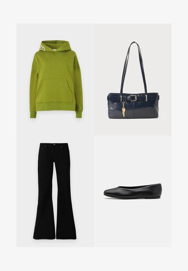 Giacca a vento verde chiaro con cappuccio, dotata di chiusura zip, due tasche frontali e design trapuntato. Finitura liscia e opaca.; Felpa con cappuccio verde realizzata in tessuto morbido, con tasca frontale e dettaglio in lettere bianche sul bordo del cappuccio. Vestibilità comoda.; T-shirt nera a maniche corte in cotone, con colletto a girocollo e un piccolo logo sul lato sinistro del petto. Tessuto morbido e vestibilità rilassata.; Jeans neri a zampa d'elefante realizzati in denim, con un classico design a cinque tasche, chiusura con bottone e dettagli di cucitura sottili lungo le cuciture.; Paul Smith TOPANGA - Ballerine - black; Borsa a mano in pelle blu con due manici lunghi, un dettaglio con fibbia e un portachiavi attaccato. Presenta una texture liscia e una forma rettangolare.