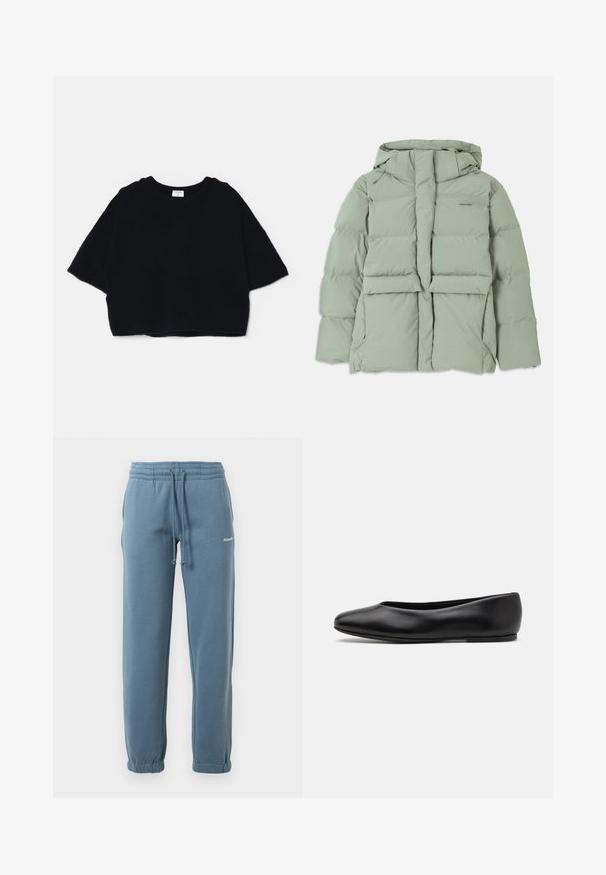 Giacca a vento verde chiaro con cappuccio, dotata di chiusura zip, due tasche frontali e design trapuntato. Finitura liscia e opaca.; Maglione corto nero realizzato in un tessuto morbido, con collo rotondo e maniche corte e larghe, caratterizzato da un design semplice e minimalista.; T-shirt nera a maniche corte in cotone, con colletto a girocollo e un piccolo logo sul lato sinistro del petto. Tessuto morbido e vestibilità rilassata.; Pantaloni jogger blu con vita elasticizzata, cordino regolabile, tasche laterali, polsini elasticizzati e piccolo logo bianco sulla coscia sinistra.; Paul Smith TOPANGA - Ballerine - black