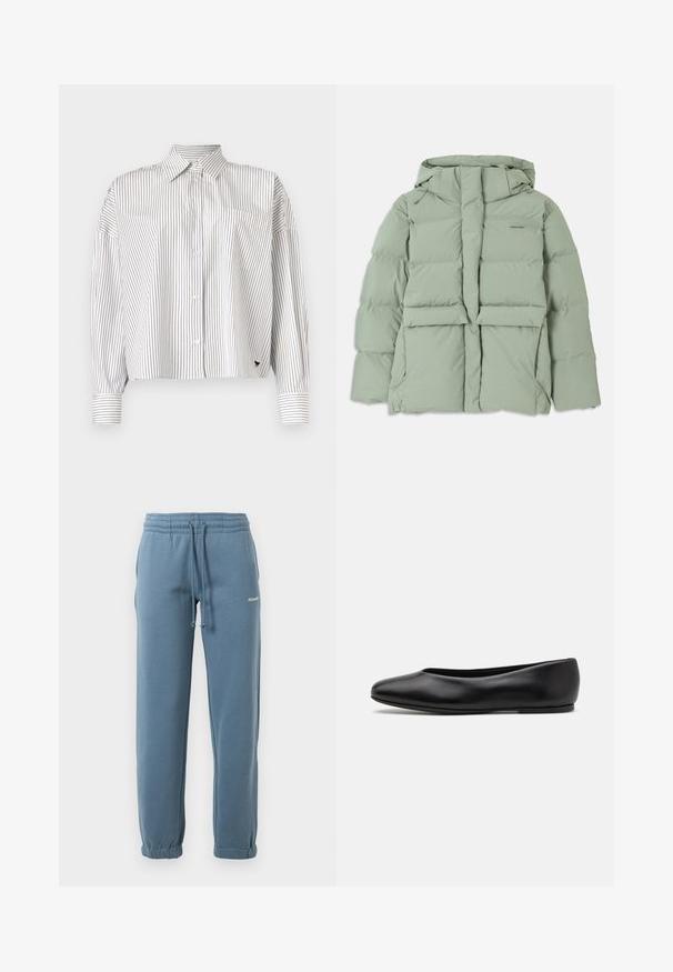 Světle zelená péřová bunda s kapucí, vybavená zipovým uzávěrem, dvěma předními kapsami a prošívaným designem. Hladký, matný povrch.; Bílá košile s navy vertikálními pruhy, zapínání na knoflíky, límec, dlouhé rukávy a náprsní kapsa. Měkká tkanina s pevným střihem.; Černé tričko s krátkým rukávem vyrobené z bavlny, s kulatým výstřihem a malým logem na levé straně hrudi. Hladká textura a uvolněný střih.; Modré joggingové kalhoty s elastickým pasem, nastavitelným stahováním, bočními kapsami, elastickými manžetami a malým bílým logem na levém stehně.; Paul Smith TOPANGA - Klasické baleríny - black