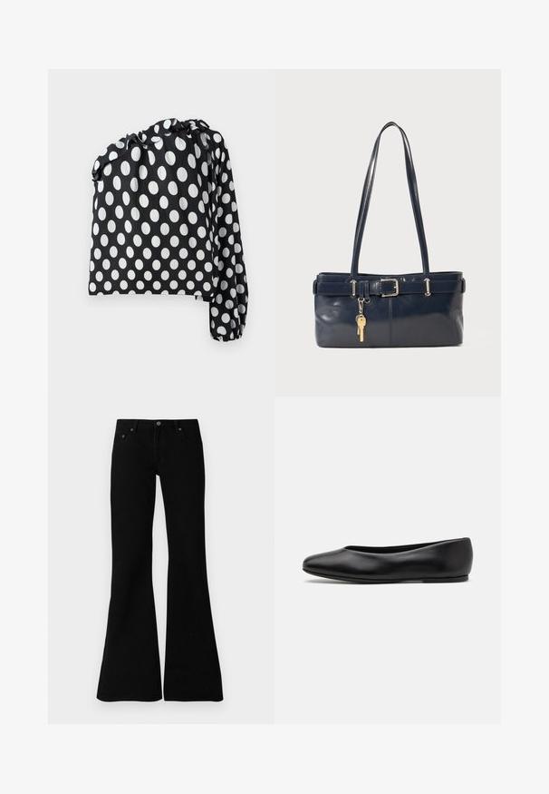 Helle grüne Pufferjacke mit Kapuze, ausgestattet mit einem Reißverschluss, zwei Fronttaschen und einem gesteppten Design. Glatte, matte Oberfläche.; Schwarz-weißer Punktemuster-Oberteil mit einem langen Ärmel, gerafftem Ausschnitt und strukturiertem Stoff. Mit großen weißen Kreisen auf schwarzem Hintergrund.; Schwarze Bootcut-Jeans aus Denim, die über ein klassisches Fünf-Taschen-Design, einen Knopfverschluss und dezente Nähte entlang der Säume verfügen.; Paul Smith TOPANGA - Klassischer Ballerina - black; Marineblaue Lederhandtasche mit zwei langen Griffen, einer Schnallen-Detailierung und einem daran befestigten Schlüsselanhänger. Besitzt eine glatte Textur und eine rechteckige Form.