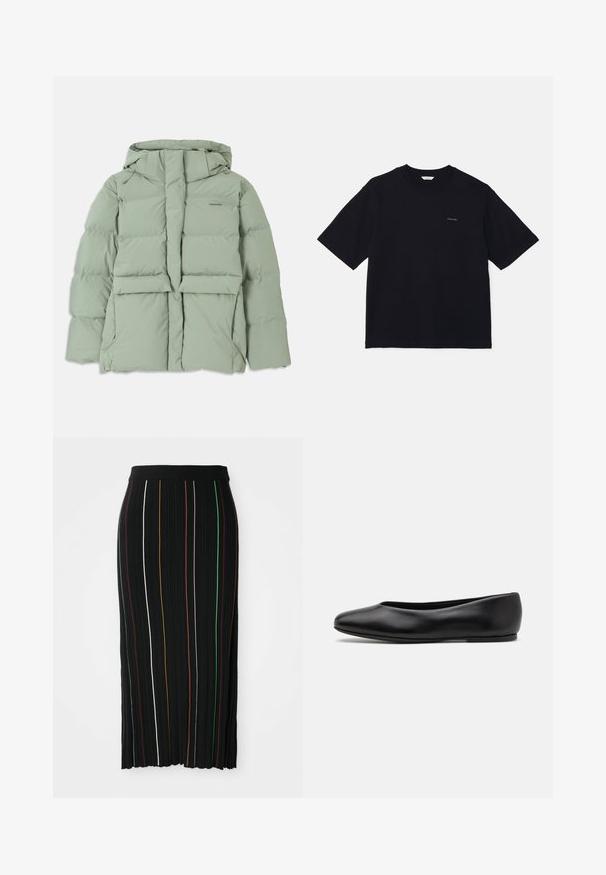 Lyst grøn pufferjakke med hætte, der har lynlås lukning, to forlommer og en quiltet design. Glat, mat overflade.; Sort kortærmet t-shirt lavet af bomuld, med rund hals og et lille logo på venstre bryst. Glat tekstur og afslappet pasform.; Sort plisseret nederdel med lodrette striber i gul, orange, rød, grøn og hvid. Har en tætsiddende talje og en let ujævn kant.; Paul Smith TOPANGA - Ballerinasko - black