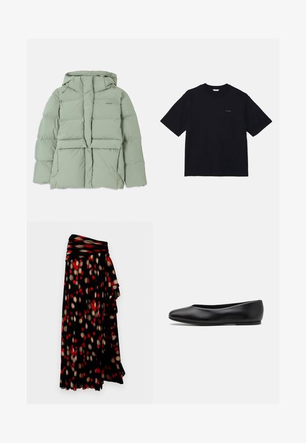 Light green puffer jacket with a hood, featuring a zip closure, two front pockets, and a quilted design. Smooth, matte finish.; Black short-sleeve t-shirt made of cotton, featuring a crew neckline and a small logo on the left chest. Smooth texture and relaxed fit.; Black pleated skirt with a gathered waist, featuring a pattern of red and gold dots against a black background. Soft, flowing fabric.; Paul Smith TOPANGA - Ballet pumps - black