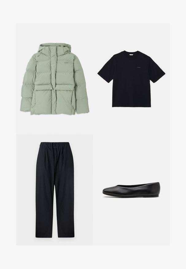 Light green puffer jacket with a hood, featuring a zip closure, two front pockets, and a quilted design. Smooth, matte finish.; Black short-sleeve t-shirt made of cotton, featuring a crew neckline and a small logo on the left chest. Smooth texture and relaxed fit.; Black, relaxed-fit pants made from lightweight fabric, featuring an elastic waistband with a drawstring and straight leg design.; Paul Smith TOPANGA - Ballet pumps - black