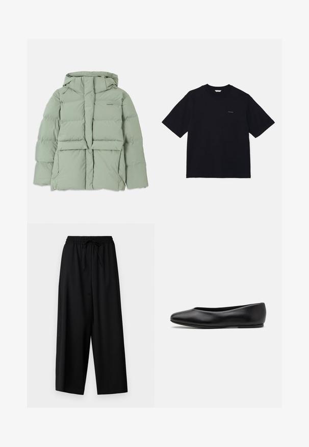 Veste matelassée vert clair avec capuche, dotée d'une fermeture éclair, de deux poches avant et d'un design matelassé. Finition lisse et mate.; T-shirt noir à manches courtes en coton, avec un col rond et un petit logo sur la poitrine gauche. Texture lisse et coupe décontractée.; Weekend Max Mara ELMO - Pantalon classique - nero; Paul Smith TOPANGA - Ballerines - black