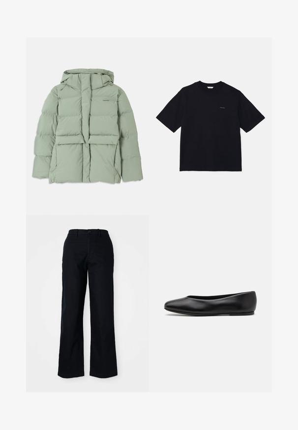 Helle grüne Pufferjacke mit Kapuze, ausgestattet mit einem Reißverschluss, zwei Fronttaschen und einem gesteppten Design. Glatte, matte Oberfläche.; Schwarzes Kurzarm-T-Shirt aus Baumwolle mit Rundhalsausschnitt und kleinem Logo auf der linken Brust. Glatte Textur und lockerer Schnitt.; Schwarze, weit geschnittene Hosen aus Baumwolle. Mit einem Frontknopfverschluss, Gürtelschlaufen und einer glatten Textur. Keine auffälligen Muster oder Akzente.; Paul Smith TOPANGA - Klassischer Ballerina - black