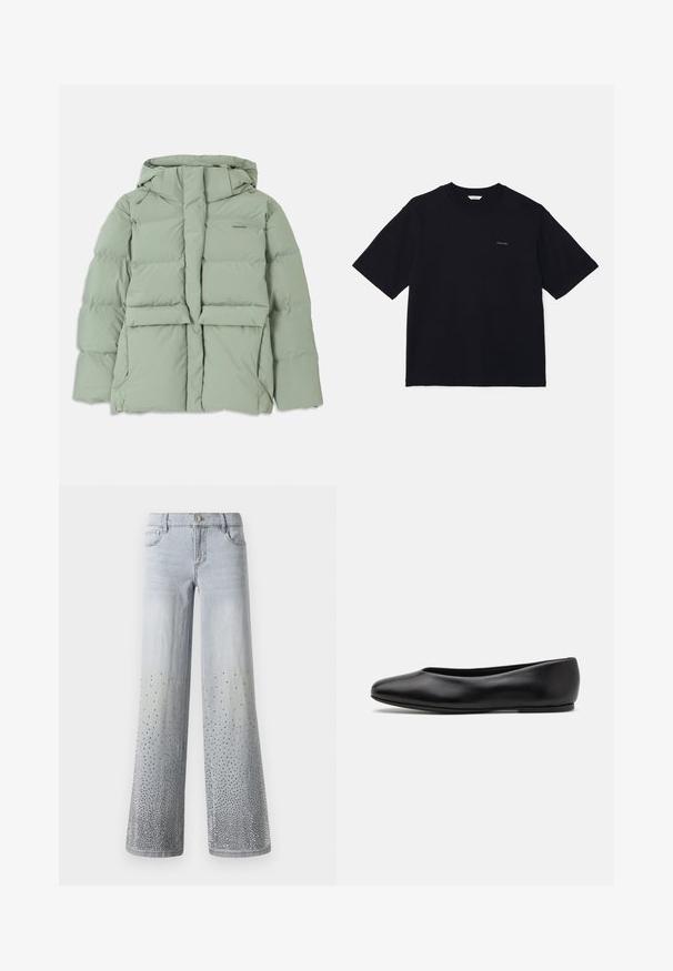 Svijetlozeleni puffer jakna s kapuljačom, koja ima zatvarač, dva prednja džepa i kviltani dizajn. Glatka, mat površina.; Crna majica kratkih rukava od pamuka, s okruglim izrezom i malim logom na lijevoj strani prsa. Glatka tekstura i ležeran kroj.; Svijetloplave traperice širokih nogavica s postupnim ombre efektom, ukrašene srebrnim studovima na donjem dijelu.; Paul Smith TOPANGA - Balerinke - black