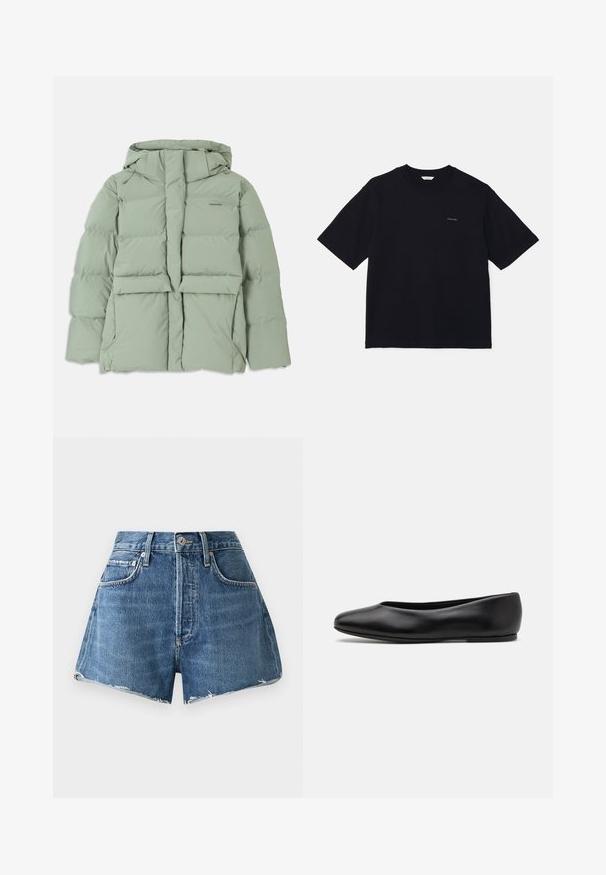 Vaaleanvihreä puffatakki hupulla, jossa on vetoketjukiinnitys, kaksi etutaskua ja tikattu muotoilu. Sileä, mattapintainen viimeistely.; Musta lyhytnukkainen t-paita, joka on valmistettu puuvillasta. Paita on varustettu pyöreällä kaula-aukolla sekä pienellä logolla vasemmassa rinnassa. Pinta on sileä ja muotoilu rento.; Korkeavyötäröiset vaaleansiniset farkkushortsit, joissa on repsottava helma, viisi taskua ja metallinen napitus. Valmistettu kestävästä puuvillamateriaalista.; Paul Smith TOPANGA - Ballerinat - black