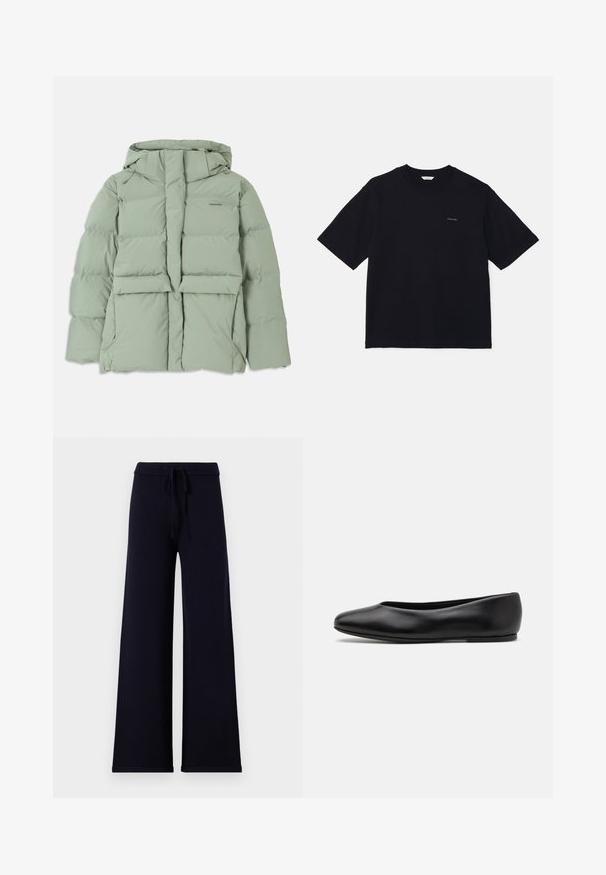 Vaaleanvihreä puffatakki hupulla, jossa on vetoketjukiinnitys, kaksi etutaskua ja tikattu muotoilu. Sileä, mattapintainen viimeistely.; Musta lyhytnukkainen t-paita, joka on valmistettu puuvillasta. Paita on varustettu pyöreällä kaula-aukolla sekä pienellä logolla vasemmassa rinnassa. Pinta on sileä ja muotoilu rento.; Laivansiniset leveälahkeiset housut, joissa on säädettävä nauhavyötärö ja käänteet lahkeissa, esitetty valkoista taustaa vasten.; Paul Smith TOPANGA - Ballerinat - black