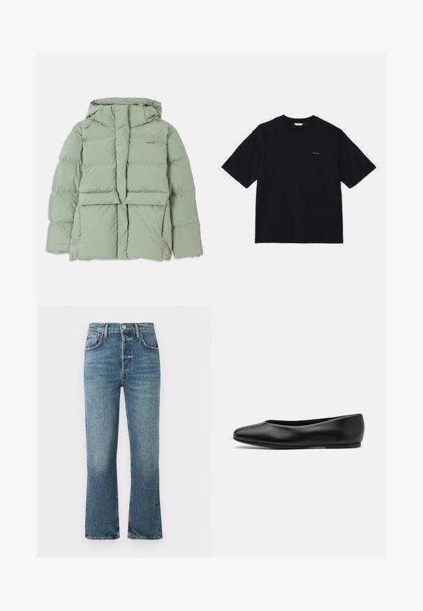 Svijetlozeleni puffer jakna s kapuljačom, koja ima zatvarač, dva prednja džepa i kviltani dizajn. Glatka, mat površina.; Crna majica kratkih rukava od pamuka, s okruglim izrezom i malim logom na lijevoj strani prsa. Glatka tekstura i ležeran kroj.; Svijetloplave traperice s visokim strukom, ravnim nogavicama i suptilnim izblijeđenjem. Sadrže klasičan stil s pet džepova i metalnu kopču.; Paul Smith TOPANGA - Balerinke - black