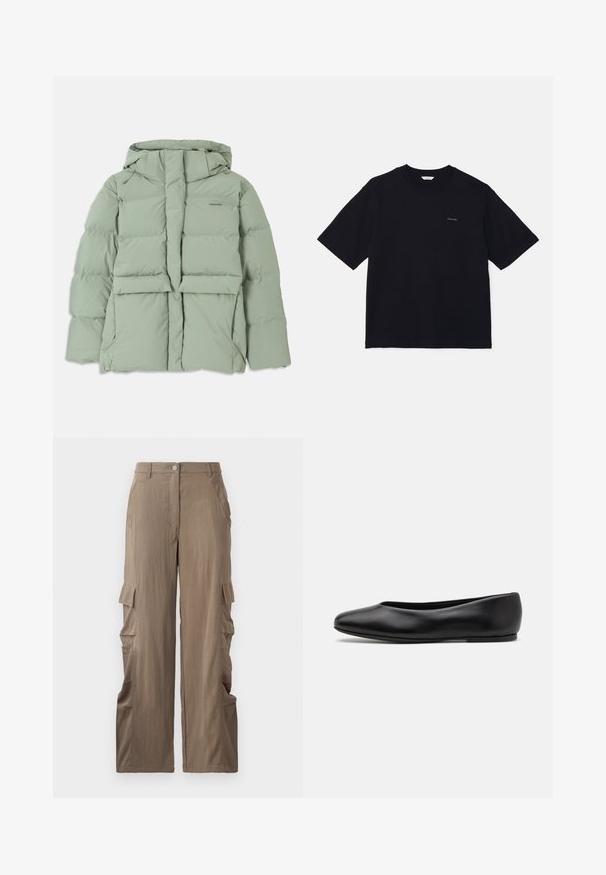 Light green puffer jacket with a hood, featuring a zip closure, two front pockets, and a quilted design. Smooth, matte finish.; Black short-sleeve t-shirt made of cotton, featuring a crew neckline and a small logo on the left chest. Smooth texture and relaxed fit.; Cargo pants in a light brown fabric, featuring a straight-leg design, two side pockets, and two cargo pockets on the thighs.; Paul Smith TOPANGA - Ballet pumps - black