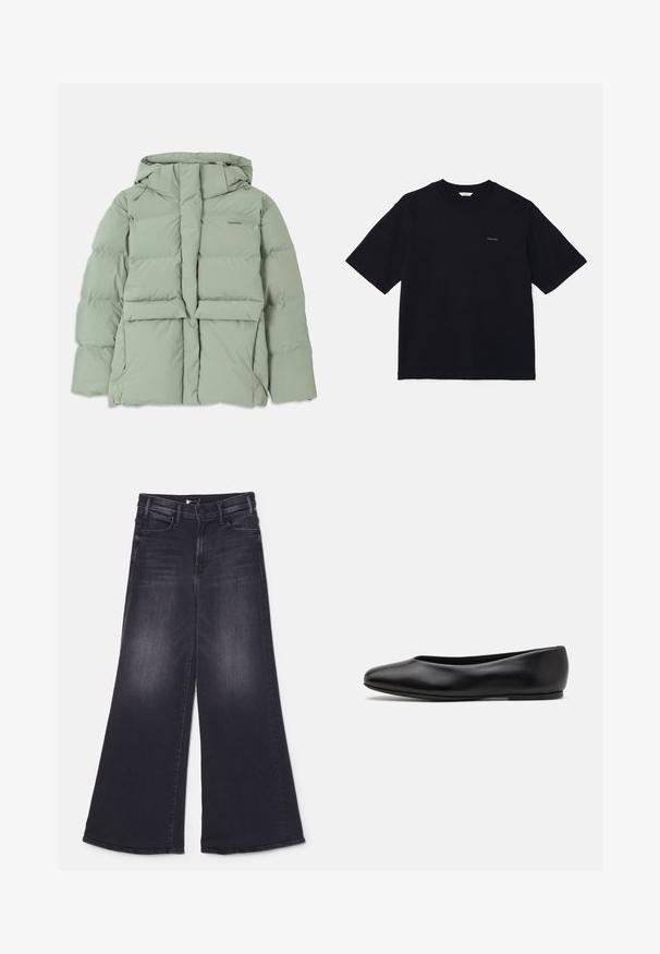 Svetlozeleni puhovka s kapuco, z zipperskim zapiranjem, dvema sprednjima žepoma in prešitimi detajli. Gladek, mat zaključek.; Črna kratka majica s kratkimi rokavi, izdelana iz bombaža, z okroglim izrezom in majhnim logotipom na levem prsnem delu. Gladka tekstura in sproščen kroj.; Mother LIL HUSTLER ROLLER SNEAK - Široke hlačnice - not today satan; Paul Smith TOPANGA - Balerinke - black