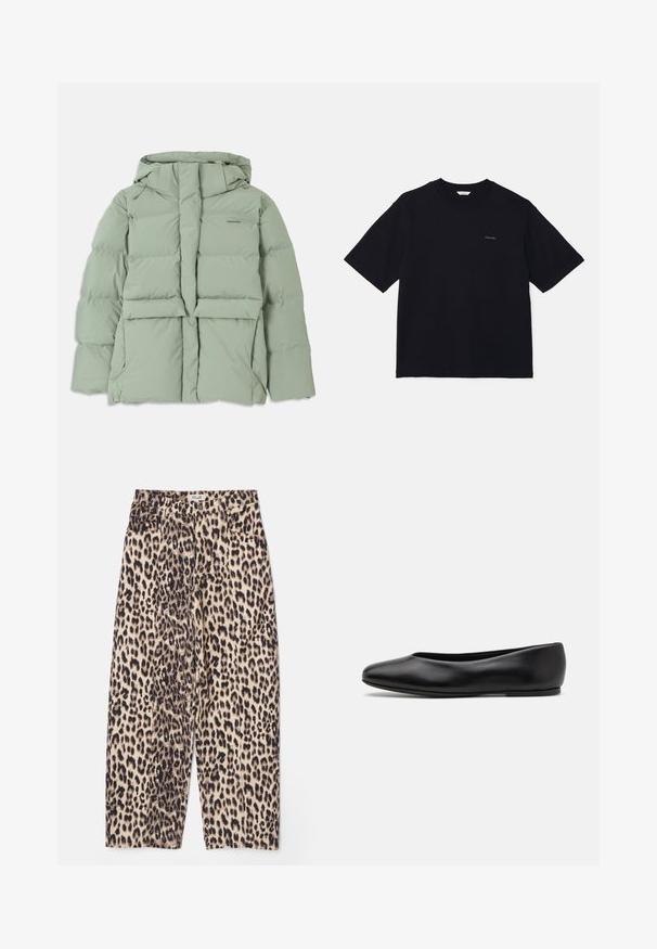 Svetlozeleni puhovka s kapuco, z zipperskim zapiranjem, dvema sprednjima žepoma in prešitimi detajli. Gladek, mat zaključek.; Črna kratka majica s kratkimi rokavi, izdelana iz bombaža, z okroglim izrezom in majhnim logotipom na levem prsnem delu. Gladka tekstura in sproščen kroj.; Hlače v leopardskem vzorcu v bež in črni barvi, z udobnim krojem, teksturirano tkanino in štirimi žepi ter pasom.; Paul Smith TOPANGA - Balerinke - black
