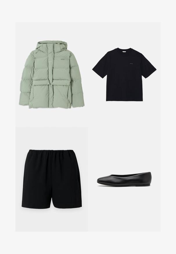 Ljusgrön pufferjacka med huva, som har dragkedje-stängning, två framfickor och en quiltad design. Smetig, matt yta.; Svart kortärmad t-shirt i bomull, med rund halsringning och en liten logotyp på vänster bröst. Slät textur och avslappnad passform.; Svarta shorts med elastisk midja, tillverkade av lättviktsmaterial. Har en enkel design med raka benöppningar och inga synliga mönster.; Paul Smith TOPANGA - Ballerinaskor - black