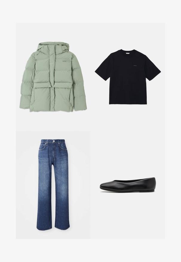 Lyst grøn pufferjakke med hætte, der har lynlås lukning, to forlommer og en quiltet design. Glat, mat overflade.; Sort kortærmet t-shirt lavet af bomuld, med rund hals og et lille logo på venstre bryst. Glat tekstur og afslappet pasform.; Bredde denimjeans i blå, med høj talje, fem lommer og sølvfarvet knaplukning. Stoffet har en glat tekstur med subtile afblegninger.; Paul Smith TOPANGA - Ballerinasko - black