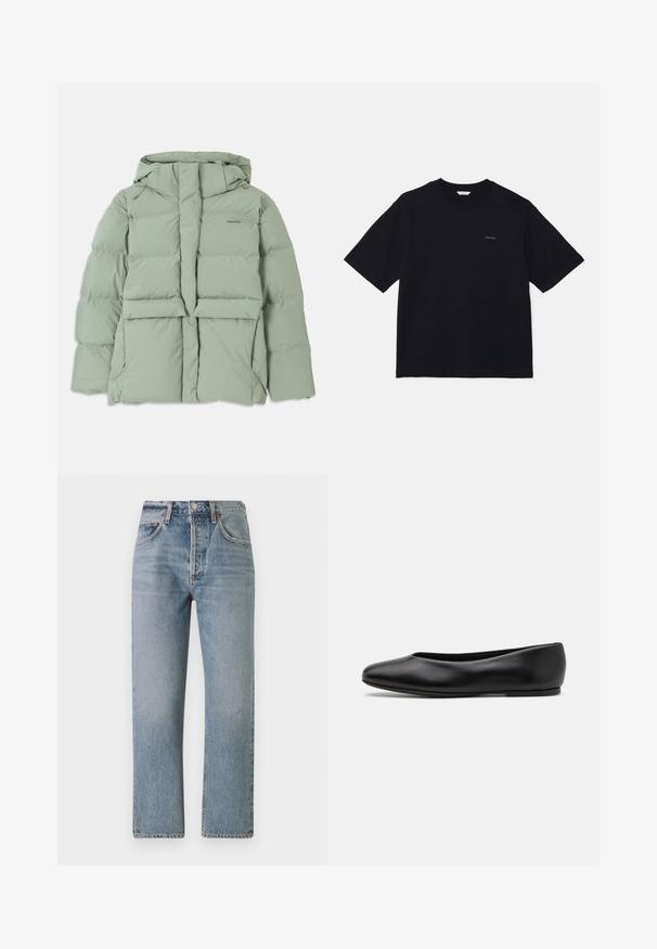 Světle zelená péřová bunda s kapucí, vybavená zipovým uzávěrem, dvěma předními kapsami a prošívaným designem. Hladký, matný povrch.; Černé tričko s krátkým rukávem vyrobené z bavlny, s kulatým výstřihem a malým logem na levé straně hrudi. Hladká textura a uvolněný střih.; Světle modré džíny z denimu se straight fit střihem, vysokým pasem a klasickým pětipocket designem. Obsahují jemné vyblednutí a zipový knoflík.; Paul Smith TOPANGA - Klasické baleríny - black
