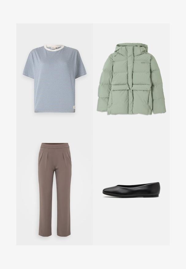 Lyst grøn pufferjakke med hætte, der har lynlås lukning, to forlommer og en quiltet design. Glat, mat overflade.; Blå og hvid stribet kortærmet t-shirt med rund halsudskæring og et lille mærke på den nederste side. Lavet af et let materiale.; Taupe løs-fit bukser med elastisk talje og frontfald, lavet af glat stof.; Paul Smith TOPANGA - Ballerinasko - black