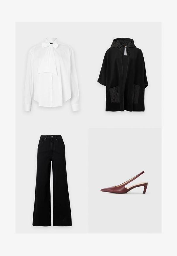 Poncho à capuche noir en tissu doux avec des poches matelassées noires, présentant un devant ouvert et une capuche avec cordon de serrage.; Pull noir avec une texture côtelée, encolure festonnée et détail ajouré au niveau de la poitrine. Manches longues et taille ajustée.; Blouse blanche à manches longues, col avec nœud, devant boutonné et coupe décontractée. Fabriquée en tissu lisse sans motifs ni accents.; Jeans larges noirs en denim, avec une taille haute, cinq poches, une fermeture à boutons sur le devant, et des détails de couture minimaux.; Escarpins bordeaux à bride arrière avec un bout pointu, des découpes sur le côté et un talon bloc de hauteur moyenne. Finition en cuir lisse.