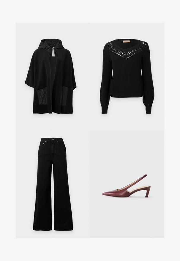 Mustast pehmest kangast kapuutsiga ponšo, mustade tikanditega taskutega, millel on avatud ees ja paelaga kapuuts.; Must kampsun, millel on sooniline tekstuur, hambuline kaelus ja avatud töödetail rinnal. Pikkade varrukatega ja istuva taljega.; Mustad laia säärega teksad, mis on tehtud deniimist, kõrge vöökoht, viis taskut, esikinnitus nööbiga ja minimaalsed õmblused.; Burgundy slingback kontsad, millepunktse varbaga, külgedel lõike üksikasjadega ja kesk kõrgusega plokknina. Sile nahkviimistlus.