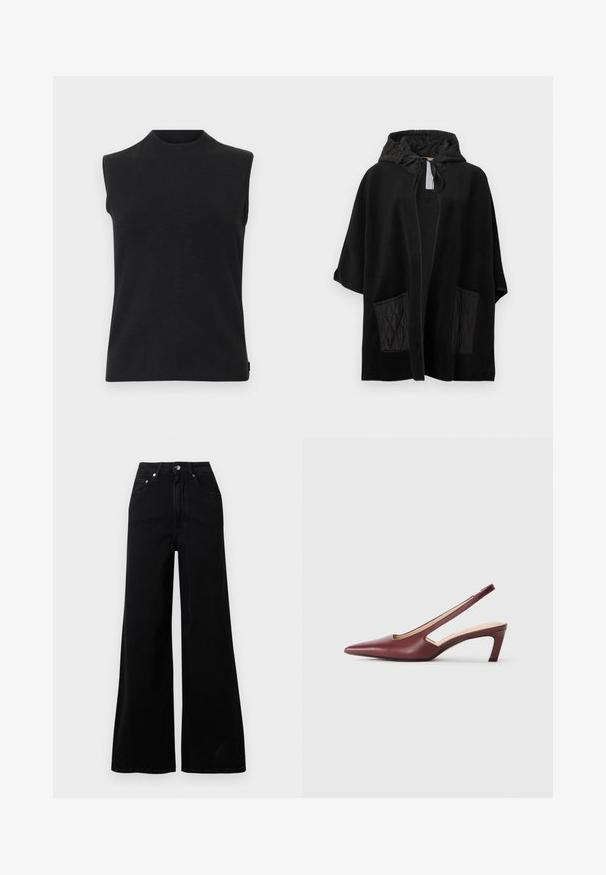 Črni pončo s kapuco iz mehke tkanine z našitki iz črnega prešitega materiala, ima odprt sprednji del in kapuco z vrvico za zategovanje.; Črn brezrokavnik iz pletenine z visokim okroglim ovratnikom in ravnim robom na beli podlagi.; Črne široke jeans hlače iz jeansa, z visokim pasom, petimi žepi, sprednjo zapenjavo na gumbe in minimalnimi šivi.; Burgundske slingback pete s koničastim nosom, izrezi na straneh in srednje visoko blok peto. Gladek usnjeni zaključek.