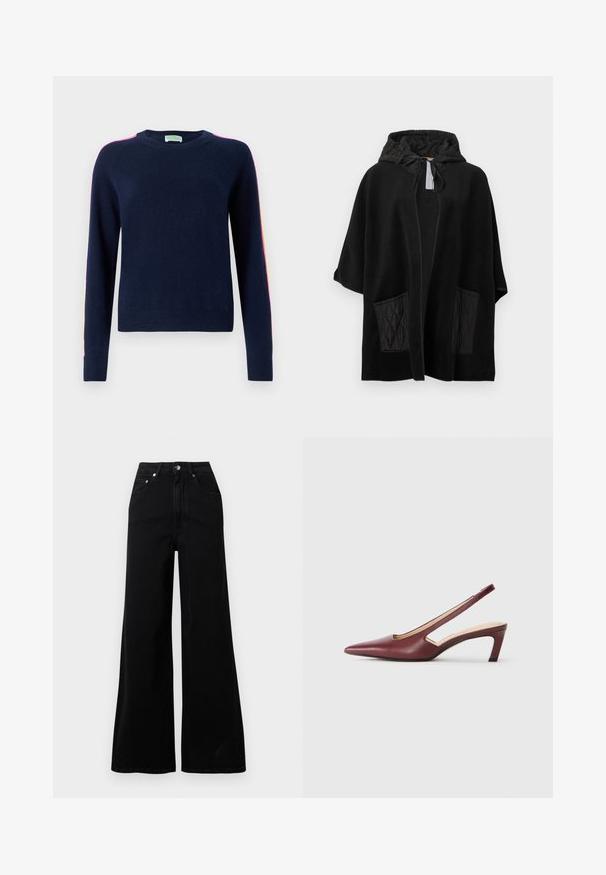 Black hooded poncho made of soft fabric with quilted black pockets, featuring an open front and drawstring hood.; FROM FUTURE BANDE MULTICOLORE AUX MANCHES - Jumper - navy; Black wide-leg jeans made from denim, featuring a high waist, five pockets, front button closure, and minimal stitching details.; Burgundy slingback heels with a pointed toe, cutout details on the side, and a mid-height block heel. Smooth leather finish.