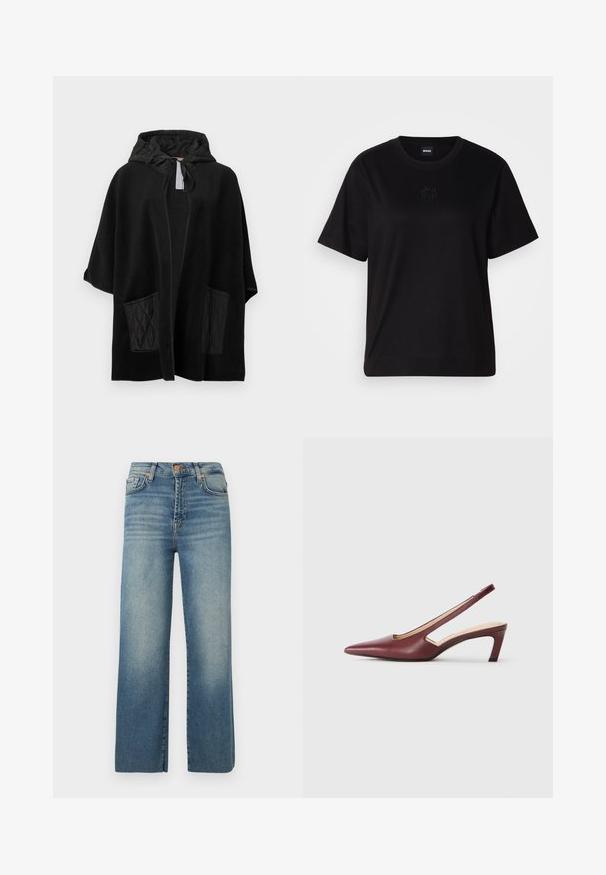 Fekete kapucnis poncsó puha anyagból, steppelt fekete zsebekkel, nyitott elülső résszel és húzózsinóros kapucnival.; Fekete pamut póló kerek nyakkivágással, rövid ujjakkal és hímzett logóval a mellkasán. Egyszerű, laza szabás, minta nélkül.; Tág lábú, kék farmernadrág, amely denimből készült, elhalványult mosással, öt zsebbel, gombos záródással és övbújtatókkal, egyenes, laza illeszkedéssel.; Burgundy színű, hegyes orrú, oldalán kivágott részletekkel rendelkező slingback sarkú cipők, közepes magasságú tömbsarkúval. Sima bőrfelület.