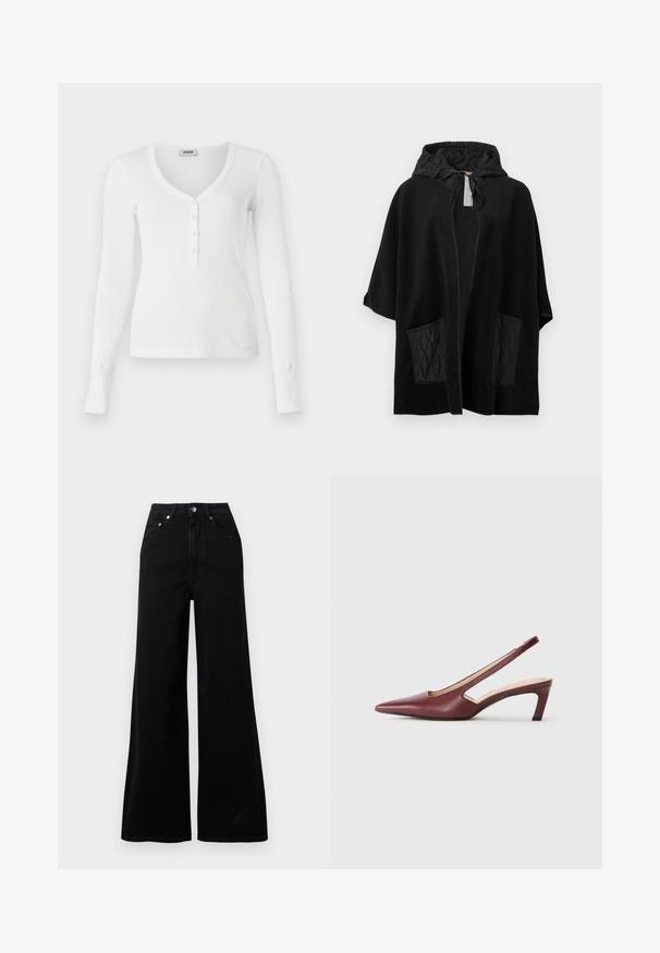 Poncho nero con cappuccio realizzato in tessuto morbido con tasche nere trapuntate, caratterizzato da fronte aperta e cappuccio con coulisse.; Maglietta a maniche lunghe bianca a coste con scollatura a V e patta con cinque bottoni. Presenta polsini aderenti e una texture liscia.; Jeans neri a gamba larga realizzati in denim, con vita alta, cinque tasche, chiusura frontale con bottoni e dettagli di cuciture minimaliste.; Tacchi slingback bordeaux con punta affusolata, dettagli a intaglio sui lati e tacco blocco di altezza intermedia. Finitura in pelle liscia.