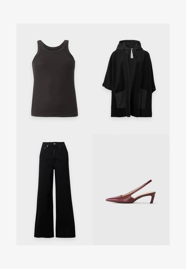Poncho preto com capuz, feito de tecido macio e com bolsos pretos acolchoados, apresentando frente aberta e capuz com cordão.; Top de alças preto com canelado, de decote arredondado e alças largas. Feito de um tecido macio e elástico, apresentando um corte ajustado.; Jeans pretos de ganga com perna larga, cintura alta, cinco bolsos, fecho frontal de botões e detalhes mínimos de costura.; Sapatos de salto slingback em bordeaux com bico pormenorizado, detalhes recortados na lateral e um salto quadrado de altura média. Acabamento em pele suave.
