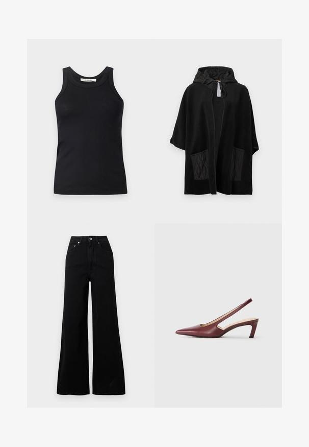 Črni pončo s kapuco iz mehke tkanine z našitki iz črnega prešitega materiala, ima odprt sprednji del in kapuco z vrvico za zategovanje.; Črn rebrast debel top s okroglo izrezom in širokimi naramnicami, izdelan iz mehkega materiala. Brez vidnih vzorcev ali kovinskih detajlov.; Črne široke jeans hlače iz jeansa, z visokim pasom, petimi žepi, sprednjo zapenjavo na gumbe in minimalnimi šivi.; Burgundske slingback pete s koničastim nosom, izrezi na straneh in srednje visoko blok peto. Gladek usnjeni zaključek.