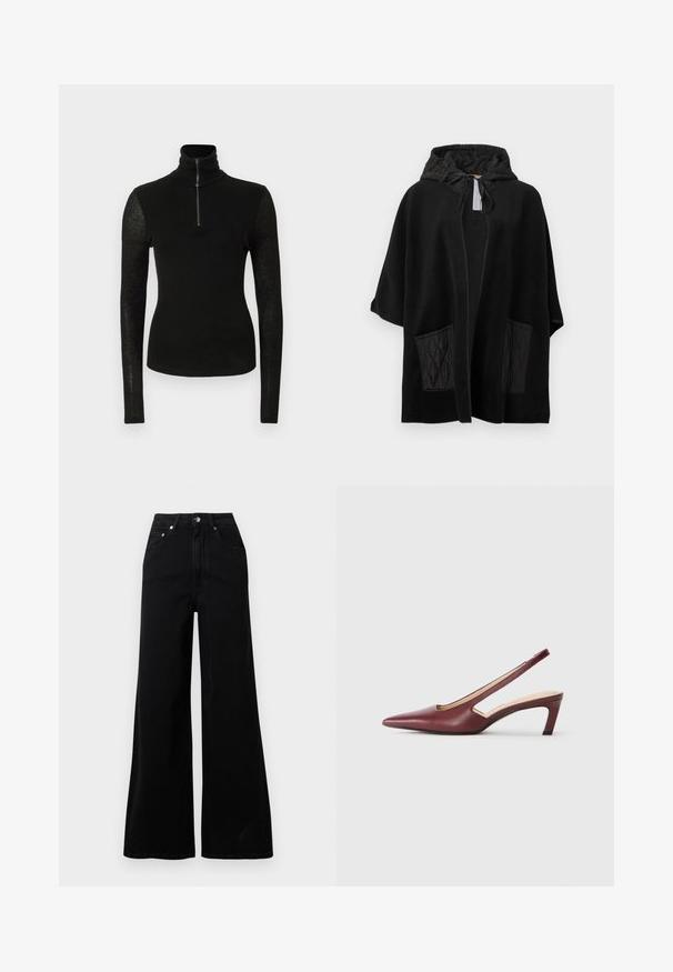 Schwarzer Kapuzenponcho aus weichem Stoff mit gesteppten schwarzen Taschen, offenem Vorderteil und Kordelzugkapuze.; Schwarzes, tailliertes Langarmshirt mit hohem Kragen und halber Reißverschlussfront auf weißem Hintergrund.; Schwarze Jeans mit weitem Bein, gefertigt aus Denim, mit hoher Taille, fünf Taschen, vorderer Knopfverschluss und minimalen Nahtdetails.; Burgunderfarbene Slingback-High Heels mit spitzer Zehenform, Ausschnitten an den Seiten und einem Blockabsatz in mittlerer Höhe. Glatte Lederoberfläche.