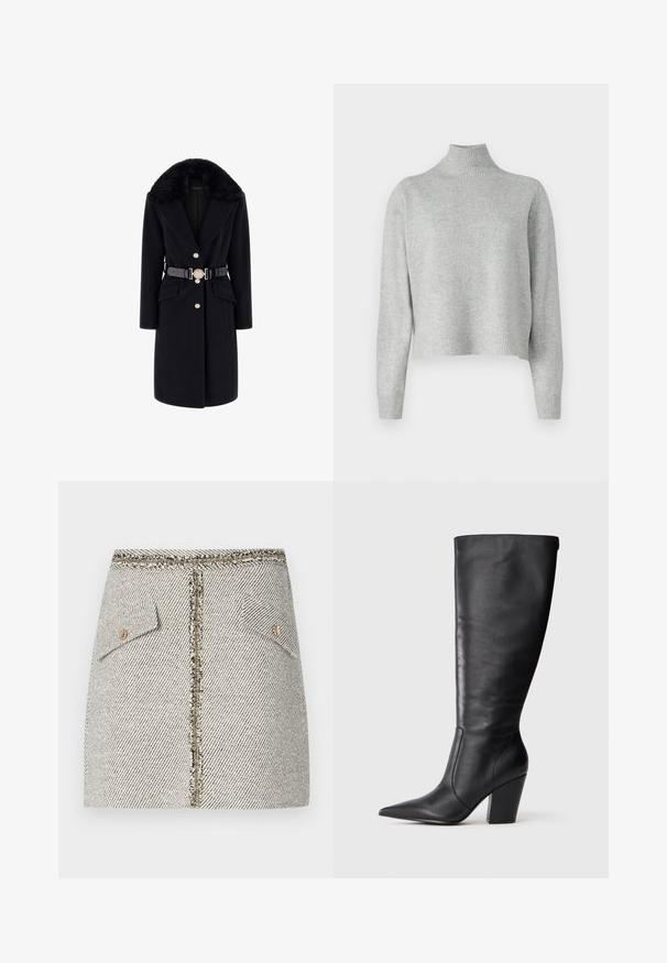 Schwarzer Wollmantel mit einem Kragen aus Kunstfell, goldenen Knöpfen, seitlichen Taschen und einem schwarzen Gürtel mit einer dekorativen runden Schnalle. Lange Ärmel und taillierte Passform.; Hellgrauer Rollkragenpullover aus weichem Strickstoff, mit langen Ärmeln und einem gerippten Saum sowie Rippbündchen. Ohne Muster oder Hardware-Details.; Wolltweed-Rock im weißen und schwarzen Fischgrätenmuster, verfügt über zwei Fronttaschen und einen Reißverschluss in goldfarbener Optik auf der Rückseite mit fransigen Kanten.; Schwarze kniehohe Lederstiefel mit spitzem Zehen und klobigem hohen Absatz, von der linken Seitenansicht auf weißem Hintergrund gezeigt.