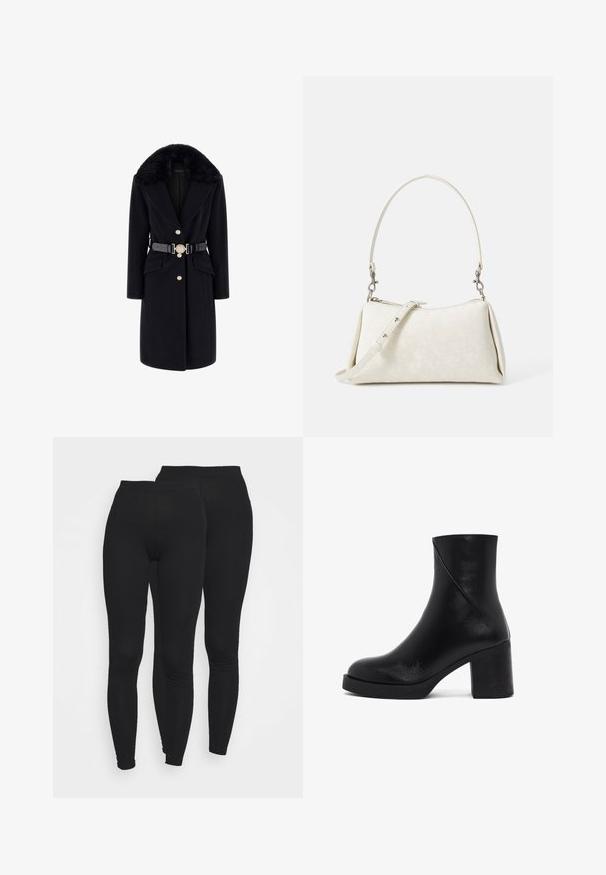 Black wool coat with a faux fur collar, gold buttons, front pockets, and a black belt with a decorative round buckle. Long sleeves and tailored fit.; Cream-colored sweater with a classic round neckline, ribbed cuffs and hem, and a soft texture. Lightweight fabric with a smooth finish.; Black leggings with an elastic waistband, made of a smooth, stretchy fabric. Features a fitted design tapering at the ankles.; Black ankle boot made of smooth leather with a platform and chunky heel. Features a tapered design and stitched detailing along the side.; White handbag with smooth texture, curved silhouette, and adjustable shoulder strap. Features subtle logo pattern and silver hardware accents.
