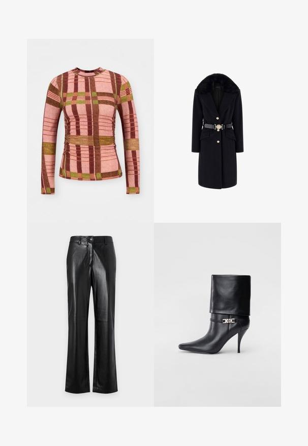 Fekete gyapjúkabát műszőrme gallérral, aranygombokkal, elülső zsebekkel és díszes kerek csattal ellátott fekete övvel. Hosszú ujjak és igényes szabás.; Hosszú ujjú kockás felső, rózsaszín, barna és zöld színekkel, texturált anyaggal és ráncolt részletekkel a derékon és az ujjaknál.; Fekete bőrnadrág egyenes lábbal, elöl gombos záródással, övbújtatókkal és sima, fényes textúrával.; Fekete bőr bokacsizma hegyes orral, magas stiletto sarokkal, hajtott szegéllyel és arany díszcsattal a bokán.