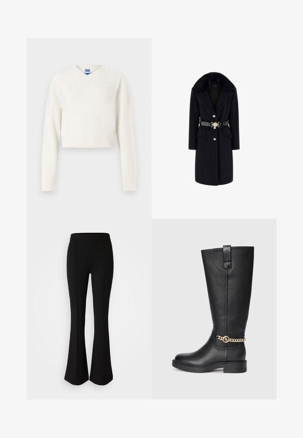 Cappotto nero in lana con colletto in pelliccia sintetica, bottoni dorati, tasche frontali e una cintura nera con una fibbia decorativa rotonda. Maniche lunghe e vestibilità sartoriale.; Maglione corto bianco realizzato in morbido materiale a maglia. Presenta un colletto a V, orlo a coste e un piccolo emblema a forma di cuore sul lato sinistro del petto.; Pantaloni neri a zampa d'elefante realizzati in un materiale elastico con una texture liscia, caratterizzati da dettagli delle cuciture lungo la parte anteriore per un tocco di design in più.; Stivale nero in pelle, alto fino al ginocchio, con una finitura texturizzata, caratterizzato da un'accento decorativo in catena dorata e una suola in gomma piatta.