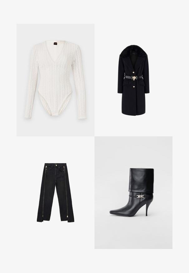 Juodas vilnonis paltas su dirbtinio pūko apykakle, auksiniais saga, priekinėmis kišenėmis ir juodu diržu su dekoratyvine apvalia sagtimi. Ilgos rankovės ir pritaikytas siluetas.; Baltas ilgomis rankovėmis bodis su gilia V formos iškirpte, tekstūriniu mezgimo raštu ir prigludusia siluetu, su užsegimu apačioje.; Juodos džinsinės kelnės su tiesiu kirpimu, kurios turi auksines užtrauktukus šonuose ir standartinius kišenes juosmens srityje.; Juodos odinės kulkšninių botų su smailiu nosiu, aukštu stiletto kulnu, apvyniojamu kraštu ir auksine dekoratyvine sagtimi prie kulkšnies.