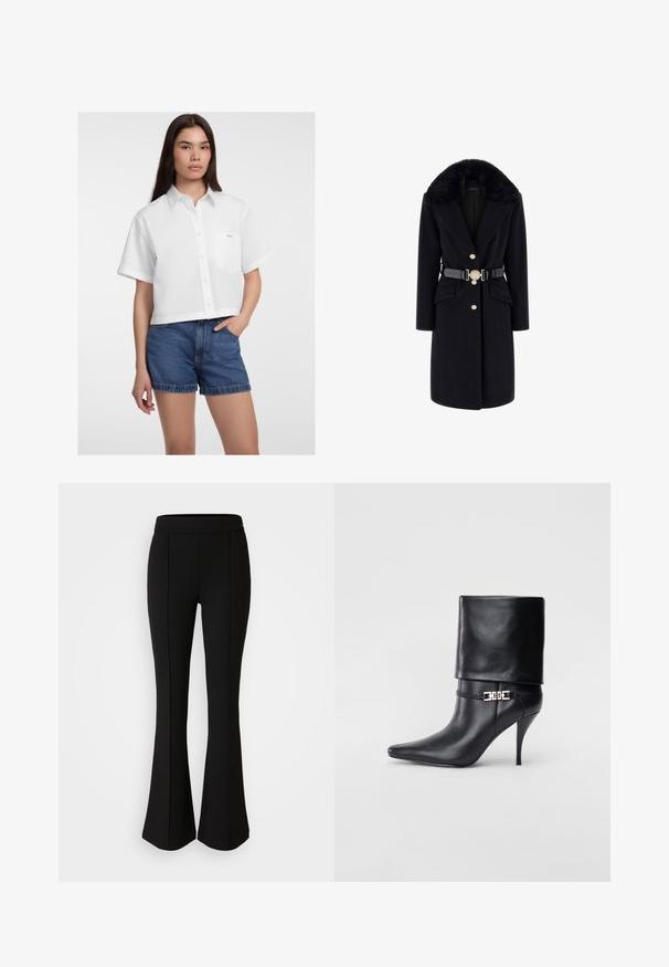 Fekete gyapjúkabát műszőrme gallérral, aranygombokkal, elülső zsebekkel és díszes kerek csattal ellátott fekete övvel. Hosszú ujjak és igényes szabás.; Fehér, rövid ujjú, cropped gombos ing, bal melle részén zsebbel és sima textúrával. Farmer sorttal párosítva.; Fekete, elasztikus anyagból készült, sima textúrájú, bővülő nadrág, elülső varrásokkal a dizájn fokozása érdekében.; Fekete bőr bokacsizma hegyes orral, magas stiletto sarokkal, hajtott szegéllyel és arany díszcsattal a bokán.