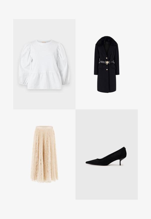 Schwarzer Wollmantel mit einem Kragen aus Kunstfell, goldenen Knöpfen, seitlichen Taschen und einem schwarzen Gürtel mit einer dekorativen runden Schnalle. Lange Ärmel und taillierte Passform.; Weißes Blusenshirt mit rundem Ausschnitt, gepufften langen Ärmeln und einem gestuften Rüschensaum. Hergestellt aus glattem Stoff ohne sichtbare Muster oder Beschläge.; Faltiger Midirock aus hellbeigem Spitzenmaterial, der eine strukturierte Oberfläche und einen taillierten Bund aufweist. Weicher, zarter Stoff mit einem fließenden Schnitt.; Schwarzer Wildleder-High-Heel-Schuh mit spitzem Zeh und slim, niedrigem Absatz. Glatte Textur mit elegantem Design, ohne sichtbare Beschläge.
