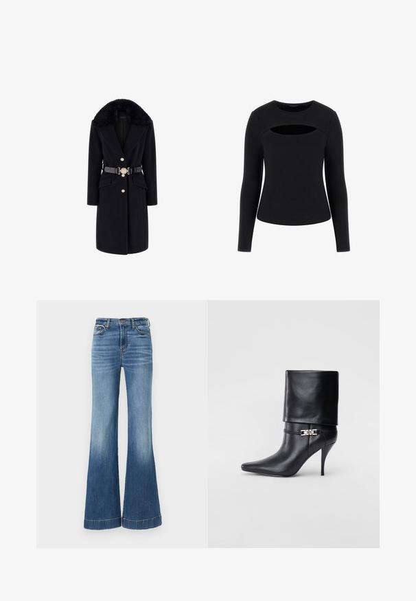 Zwarte wollen jas met een faux fur kraag, gouden knopen, frontzakken en een zwarte riem met een decoratieve ronde gesp. Lange mouwen en een getailleerde pasvorm.; Zwarte top met lange mouwen, voorzien van een geribbelde textuur en een unieke uitsnijding op de borst. Hij heeft een ronde halslijn en een aangesloten silhouet.; Blauwe denim flared jeans met een hoge taille, met een lichtere vervaging aan de onderkant en gestikte zoomdetails. Klassiek vijf-pocket ontwerp.; Zwarte leren enkelboot met een spitse neus, hoge stilettohak, opgevouwen manchet en een gouden decoratieve gespdetails op de enkel.
