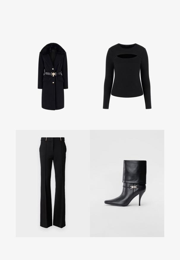 Black wool coat with a faux fur collar, gold buttons, front pockets, and a black belt with a decorative round buckle. Long sleeves and tailored fit.; Black long-sleeve top featuring a ribbed texture and unique cut-out detail at the chest, with a round neckline and fitted silhouette.; LIU JO PANT FIT AND FLARE - Trousers - nero; Black leather ankle boot with a pointed toe, high stiletto heel, fold-over cuff, and a gold decorative buckle detail on the ankle.