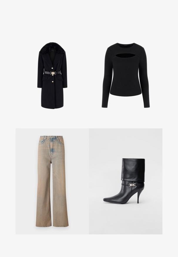 Abrigo de lana negro con cuello de piel sintética, botones dorados, bolsillos frontales y un cinturón negro con una hebilla redonda decorativa. Mangas largas y corte entallado.; Top negro de manga larga con textura acanalada y un detalle de corte único en el pecho, con escote redondo y silueta ajustada.; Jeans de tiro alto y pierna ancha en un lavado claro, fabricados en denim. Presentan costuras sutiles y cinco bolsillos, con una textura ligeramente desgastada.; Botín de cuero negro hasta el tobillo con punta afilada, tacón alto de aguja, puño doblado y un detalle decorativo de hebilla dorada en el tobillo.