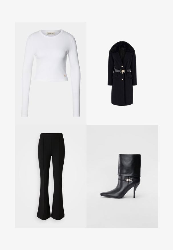 Černý vlněný kabát s límcem z umělé kožešiny, zlatými knoflíky, předními kapsami a černým páskem se dekorativní kulatou sponou. Dlouhé rukávy a přiléhavý střih.; Bílý dlouhý rukáv crop top vyrobený z ribbované tkaniny. Má kulatý výstřih a malou logo etiketu na dolní levé straně.; Černé kalhoty s rozšířenými nohavicemi vyrobené z elastického materiálu s hladkým povrchem, které mají švy vpředu pro zvýraznění designu.; Černé kožené kotníkové boty s špičatou špičkou, vysokým stiletto podpatkem, ohrnovací manžetou a zlatým ozdobným přezkovým detailem na kotníku.