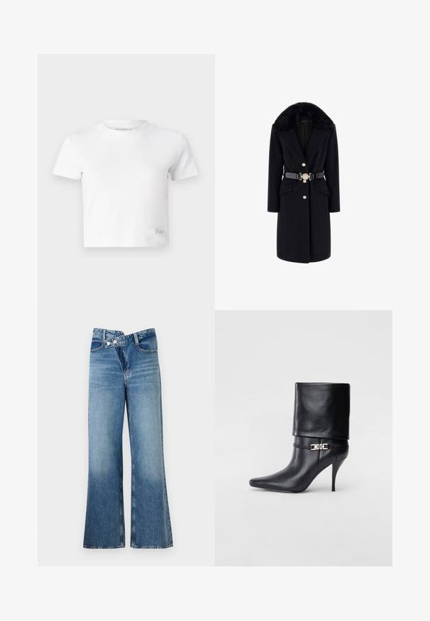 Black wool coat with a faux fur collar, gold buttons, front pockets, and a black belt with a decorative round buckle. Long sleeves and tailored fit.; White cropped t-shirt made of smooth cotton, featuring a high neckline and short sleeves. Small embroidered logo in the bottom corner.; Light blue denim flared jeans with a high waist, featuring two buttons and front pockets. Fabric has a faded texture with subtle variations.; Black leather ankle boot with a pointed toe, high stiletto heel, fold-over cuff, and a gold decorative buckle detail on the ankle.