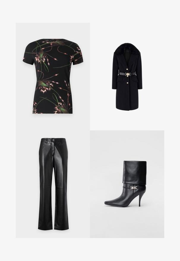 Must mustrist jakk faux karvaseguga kaeluses, kuldsete nööpidega, ees taskutega ja must vööt dekoratiivse ümmarguse pandlaga. Pikkade varrukatega ja kohandatud lõikega.; Lühikeste varrukatega must T-särk, millel on roosa ja rohelise lilleline muster. Valmistatud pehmest kangast, ümar kaelus ja lähedane jne.; Mustad nahkpüksid sirge jala disainiga, millel on esine nööp sulgemine, vöörihmade silmad ja sile, poleeritud tekstuur.; Mustad nahast pahkluu saapad terava nina, kõrge stilettokanna, volditud äärega ja kuldse dekoratiivse pandlaga pahkluul.