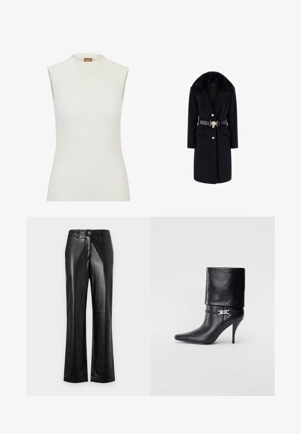 Cappotto nero in lana con colletto in pelliccia sintetica, bottoni dorati, tasche frontali e una cintura nera con una fibbia decorativa rotonda. Maniche lunghe e vestibilità sartoriale.; Top bianco senza maniche con un colletto alto, caratterizzato da una texture a coste e un design aderente. Etichetta del marchio "BOSS" visibile sul colletto.; Pantaloni in pelle nera con design a gamba dritta, dotati di chiusura frontale con bottone, passanti per cintura e una texture liscia e lucida.; Stivale ankle in pelle nera con punta affusolata, alto tacco a stiletto, risvolto sulla caviglia e un elegante dettaglio in oro con fibbia decorativa.