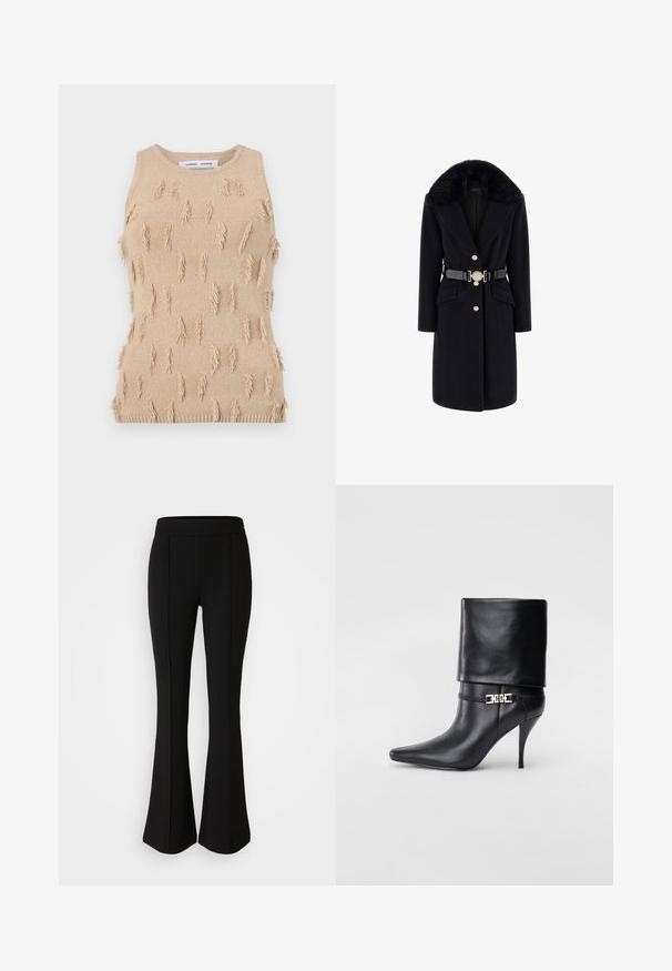 Czarny wełniany płaszcz z kołnierzem z sztucznego futra, złotymi guzikami, przednimi kieszeniami i czarnym paskiem z ozdobną, okrągłą klamrą. Długie rękawy i dopasowany krój.; Beżowy, dziany top bezrękawnik z teksturowanym wzorem, z wystającymi akcentami frędzli, prążkowanym dekoltem i dołem.; Czarne spodnie dzwony z elastycznego materiału o gładkiej strukturze, z detalami szwów z przodu dla dodatkowego stylu.; Czarne skórzane botki za kostkę z ostrym noskiem, wysokim obcasem w kształcie stiletto, z załamanym mankietem oraz złotym dekoracyjnym zapięciem na kostce.